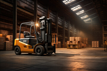 Forklift loader. Pallet stacker truck equipment at warehouse. - 739169728
