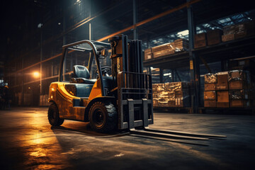 Forklift loader. Pallet stacker truck equipment at warehouse.