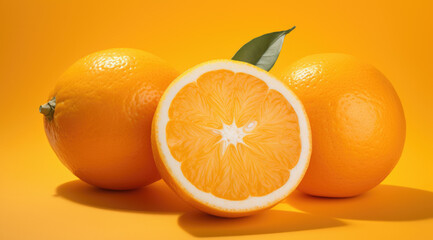 Orange with cut in half and green leaves isolated on orange background