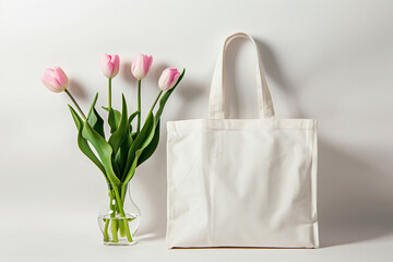 Blank white shopper tote bag mockup, white background, pink tulips