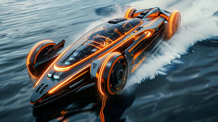 Cyber pirate racer sleek design with neon accents darting across a high tech ocean at dusk