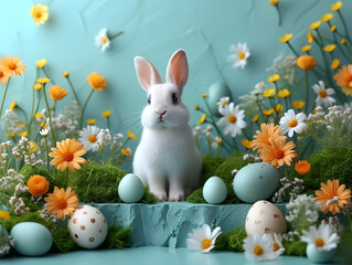 Easter empty podium background 3d product egg spring happy flower display scene sale gold. Background rabbit podium banner cosmetic greeting easter stage card poster platform grass nature mockup green