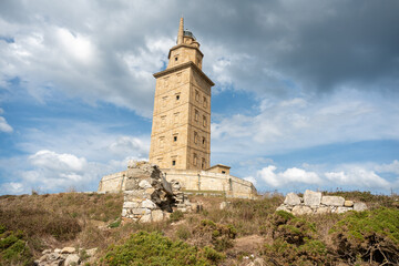Tower of Hercules lighthouse in A Coruna in Spain on the Spanish North Atlantic coast (Costa da...