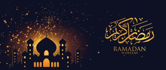  Islamic Month Ramadan Kareem Arabic Calligraphy Text with Mosque. Happy Ramadan Luxury Design for Greeting Cards, Flyers, Banners, and Ramadan Mubarak Islamic Month Vector Illustration Design - obrazy, fototapety, plakaty