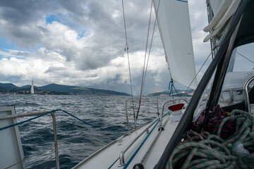 Obraz premium View over the Ria de Arouse from a sailing boat on its way to Vilagarcia de Arousa