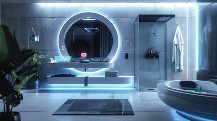 Futuristic High-Tech Bathroom Vanity with Sleek Surfaces and Innovative Technology - A Vision of Modernity and Innovation in Interior Design