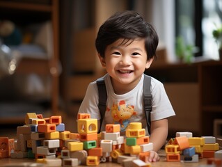 A Boy Smiling with Building Blocks at Home in the Afternoon
