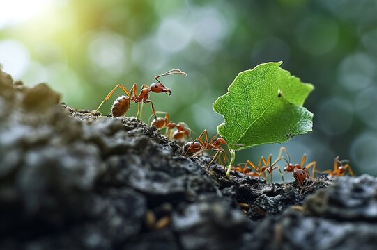 : A group of ants carrying a leaf on a branch, while a larger ant watches over them.
