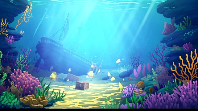 Sailboat with treasure chest underwater. Seamless looping time-lapse 4k video animation background