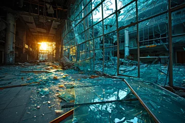 Fotobehang broken glass from windows in abandoned buildings after the apocalypse © Fukume