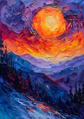 Fototapeta premium Expressionist Sunset Mountain Oil Painting with Psychedelic Elements