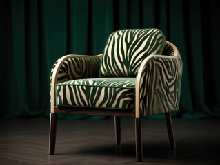 a green upholstered wooden chair with zebra pattern