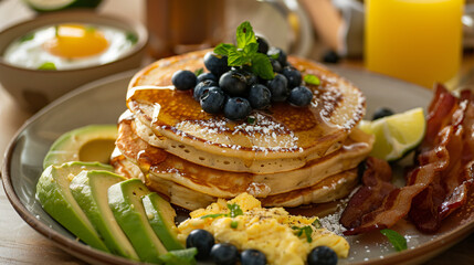Easter Morning Delights: Pancakes, Scrambled Eggs, Avocado, and Bacon