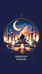 Illustration of a grand mosque against a night sky with a crescent moon for ramazan.