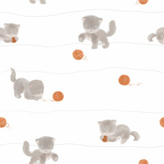 Beautiful seamless pattern with cute hand drawn kitty playing with ball skein of thread. - 739171599
