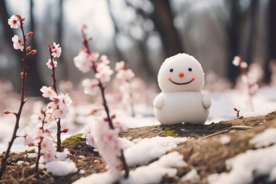 spring flowers and snowman near in snow