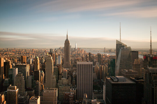 Panoramic aerial view of Manhattan at sunset in New York City, NY, USA