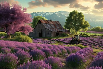 : A lavender farm with a barn and a tractor in spring. - obrazy, fototapety, plakaty