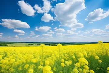 Papier Peint photo Jaune Nuclear power plant surrounded by idyllic scenic landscape with lush fields and clear blue sky