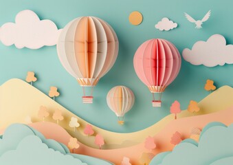 Obraz premium Sunny Day with Hot Air Balloons in Paper Art Style