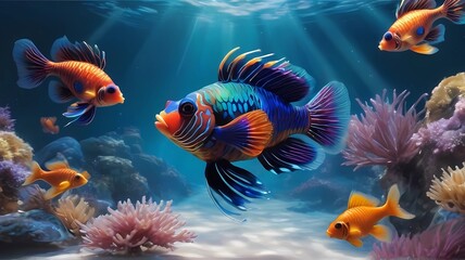 Fototapeta na wymiar Mandarin fish beneath the surface