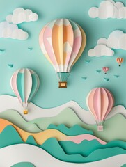 Naklejka premium Sunny Day with Hot Air Balloons in Paper Art Style