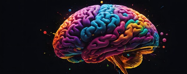 An electric blue brain is enclosed by a circle of magenta woolen fabric, creating a vibrant and artistic fashion accessory set against a black background