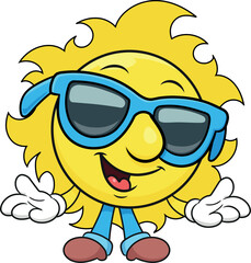Cartoon illustration of smiling sun in sunglasses on white background