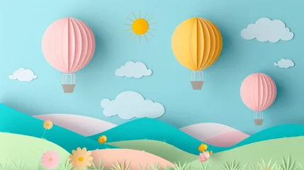 Papier Peint photo Montgolfière Sunny Day with Hot Air Balloons in Paper Art Style