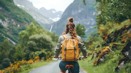 Young woman with a backpack biking through a picturesque mountain valley, healthy eco lifestyle, ecological tourism