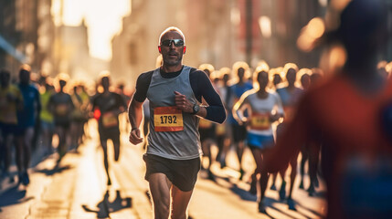Man runner running a city marathon on a sunny day with crowd around