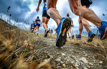 Cross country uphill trail race, closeup of runners muscular legs and feet. Group of fit athletes strength training outdoors.