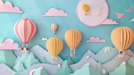 Photo sur Plexiglas Montgolfière Sunny Day with Hot Air Balloons in Paper Art Style