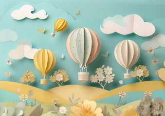 Fototapete Heißluftballon Sunny Day with Hot Air Balloons in Paper Art Style
