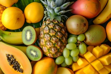 Foto auf Glas Fresh tropical fruits on the on a dark background  © Irina