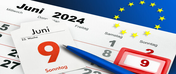 German calendar 2024 June 9  Sunday and EU Flag   Wednesday Thursday Friday Saturday  Week - obrazy, fototapety, plakaty