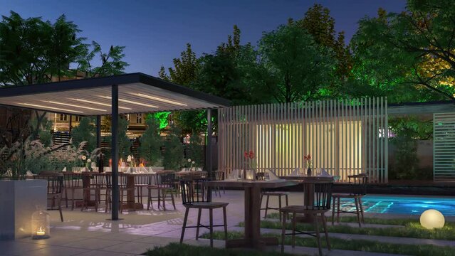 Architectural Visualization of a Swimming Pool Deck with Exterior Restaurant Inside a City Spot - loopable 3D visualization