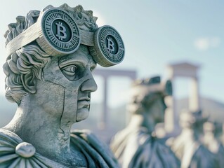 An ancient statue of a man with sunglasses with bitcoins on the lenses pop art