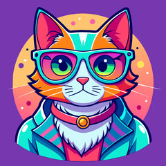 Cartoon Cat cool with Eye glasses. Handrawn colorful illustration Animal graphics, Vintage and Restro Style Design