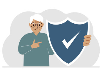 A man holds a shield in his hand, a symbol of insurance. Vector