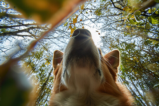 cute dog worm eye view with sky, photo background