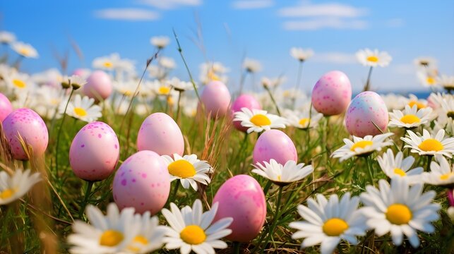 The pink Easter eggs on the greenery field and mountian