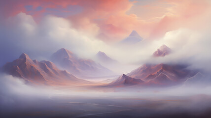 surreal landscape, serene mountain landscape at dawn, with misty valleys and a soft, pastel colored...