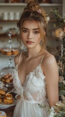 Fototapeta premium Bridal shower tea party, vintage dresses, and delicate pastries
