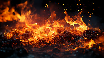 Abstract fire background with hot sparks rising from a fire in the night sky
