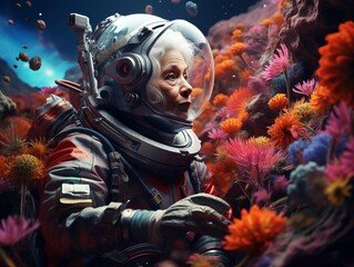An Elderly Astronaut Experiencing Alien Flora on a Distant Planet - obrazy, fototapety, plakaty