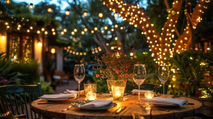 Fototapeta na wymiar Fairy lights illuminating a romantic engagement dinner outdoors