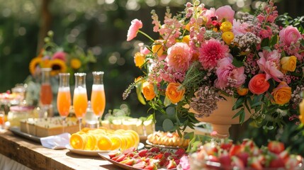 Obraz na płótnie Canvas Garden party brunch, fresh flowers, and mimosa station