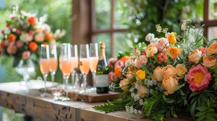 Garden party brunch, fresh flowers, and mimosa station