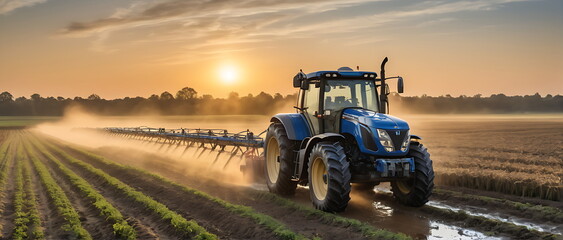 Farming tractor applying crop spray in expansive field. - obrazy, fototapety, plakaty